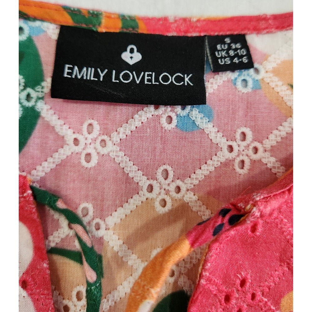 Emily‎ Lovelock Shirley Blouse Pink Floral Eyelet Puff Sleeve Top Small - Picture 5 of 6